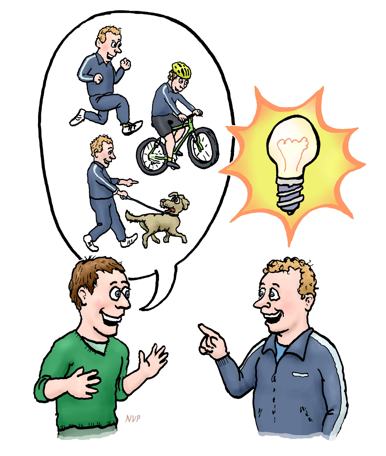 Tegning af to mænd der snakker om motion 